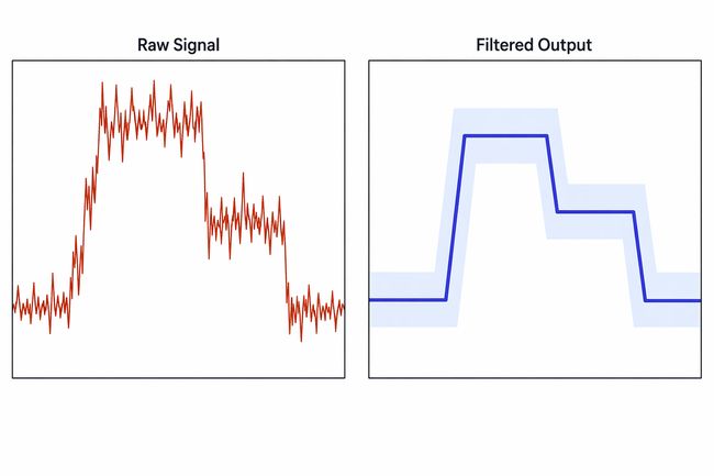 "Raw sensor data vs deadband-filtered output showing noise suppression in industrial systems"
