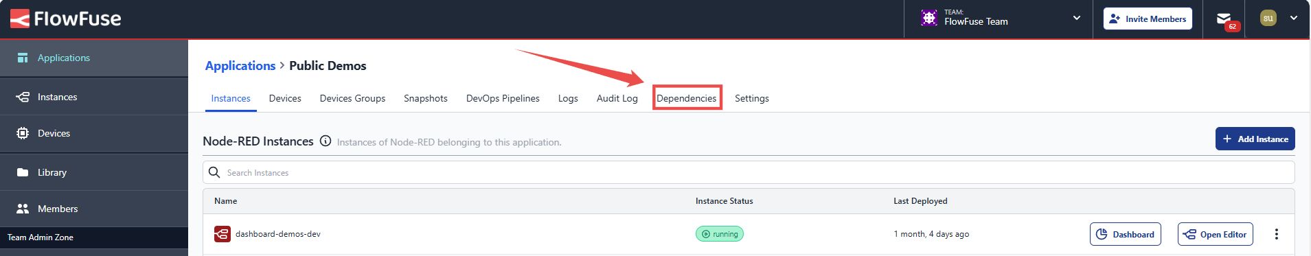 Image showing the 'Dependencies' option in the FlowFuse platform for the SBoM interface.