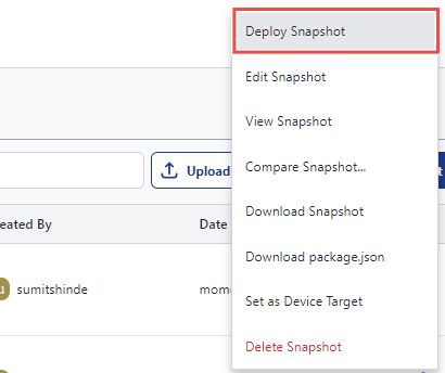 Image showing the 'Deploy Snapshot' option in the menu