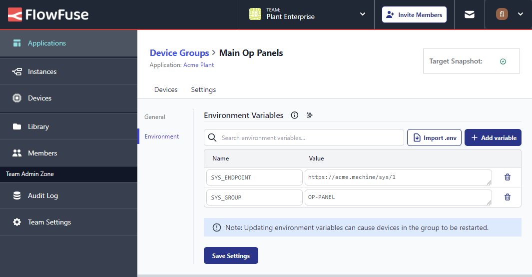 Screenshot showing Device Group Environment Variables