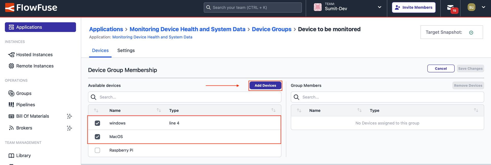 Interface to select the devices that need to be added to the group, along with the 'Add Devices' button.