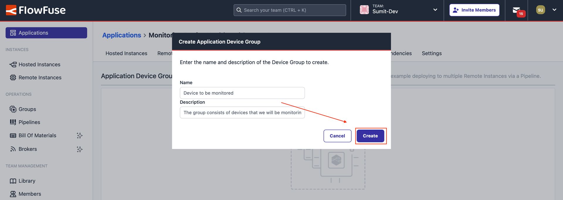 Form to Create a Device Group: Enter the group name and description 