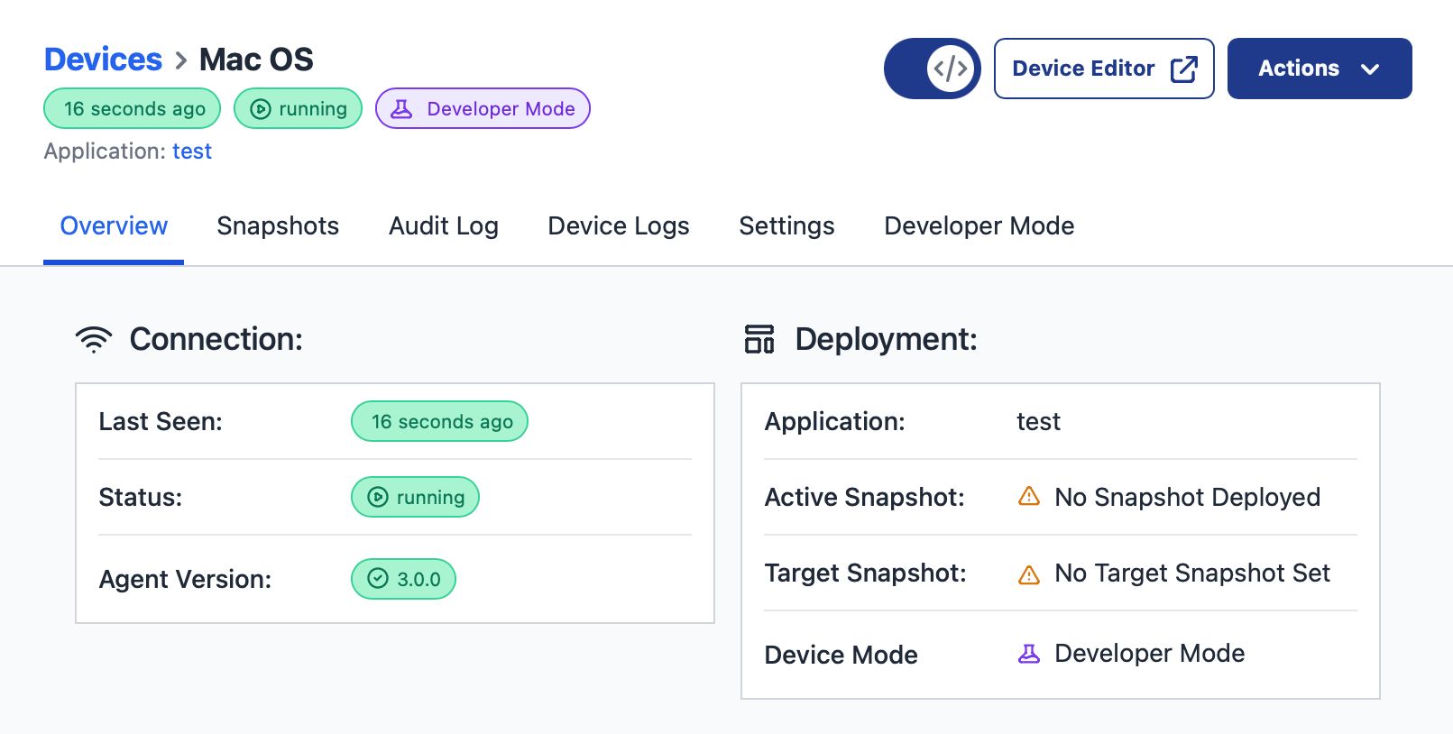 FlowFuse Platform: showing the status of your edge device