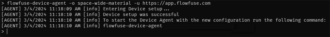 Example output in a Terminal showing a device agent successfully connecting to the FlowFuse Platform