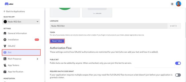 "Screenshot showing the 'bot' sidebar option and 'reset token' button"