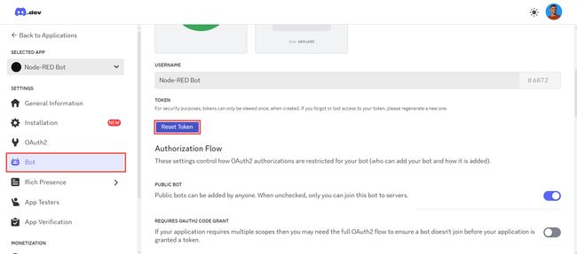 Screenshot showing the 'bot' sidebar option and 'reset token' button "Screenshot showing the 'bot' sidebar option and 'reset token' button"