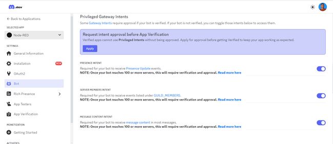 Screenshot showing the 'Privileged Gateway Intents' options "Screenshot showing the 'Privileged Gateway Intents' options"