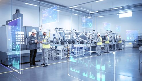 Plant manager with a laptop in a factory setting