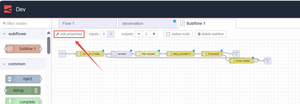 The edit properties button for a Subflow