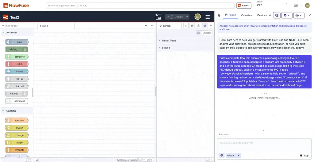 FlowFuse Expert assembling flows on the Node-RED workspace from a chat prompt