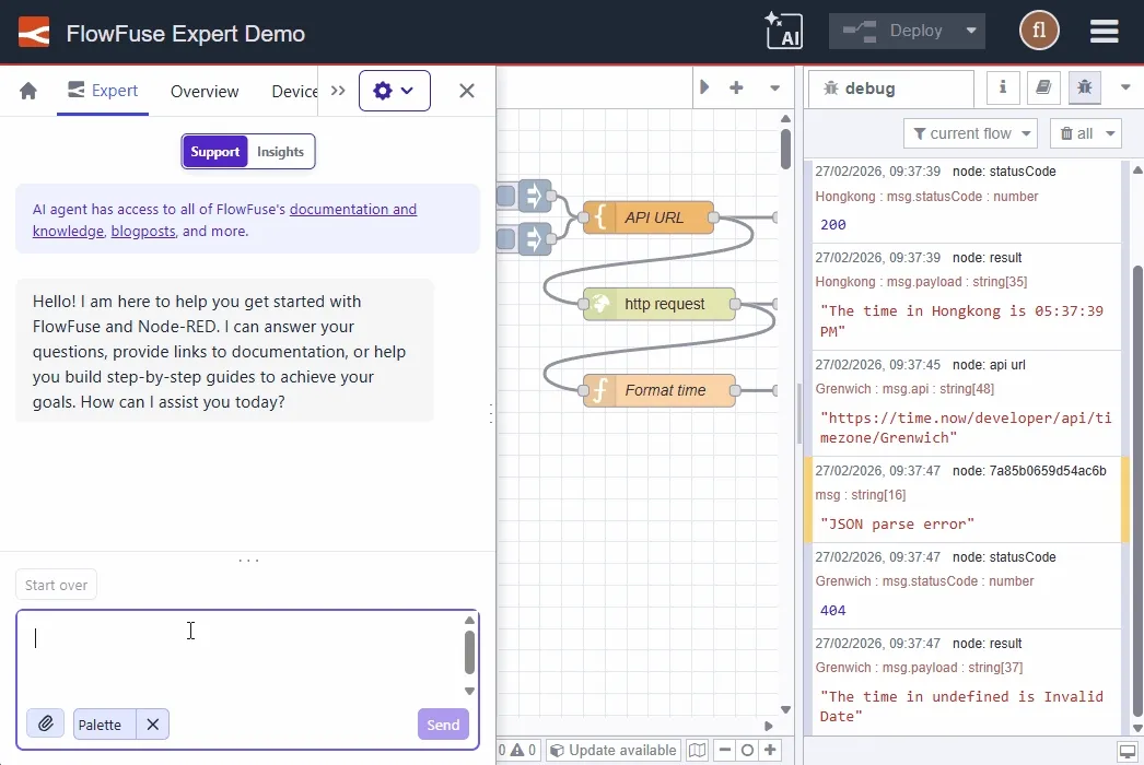 FlowFuse Expert Debug Log Context in Action