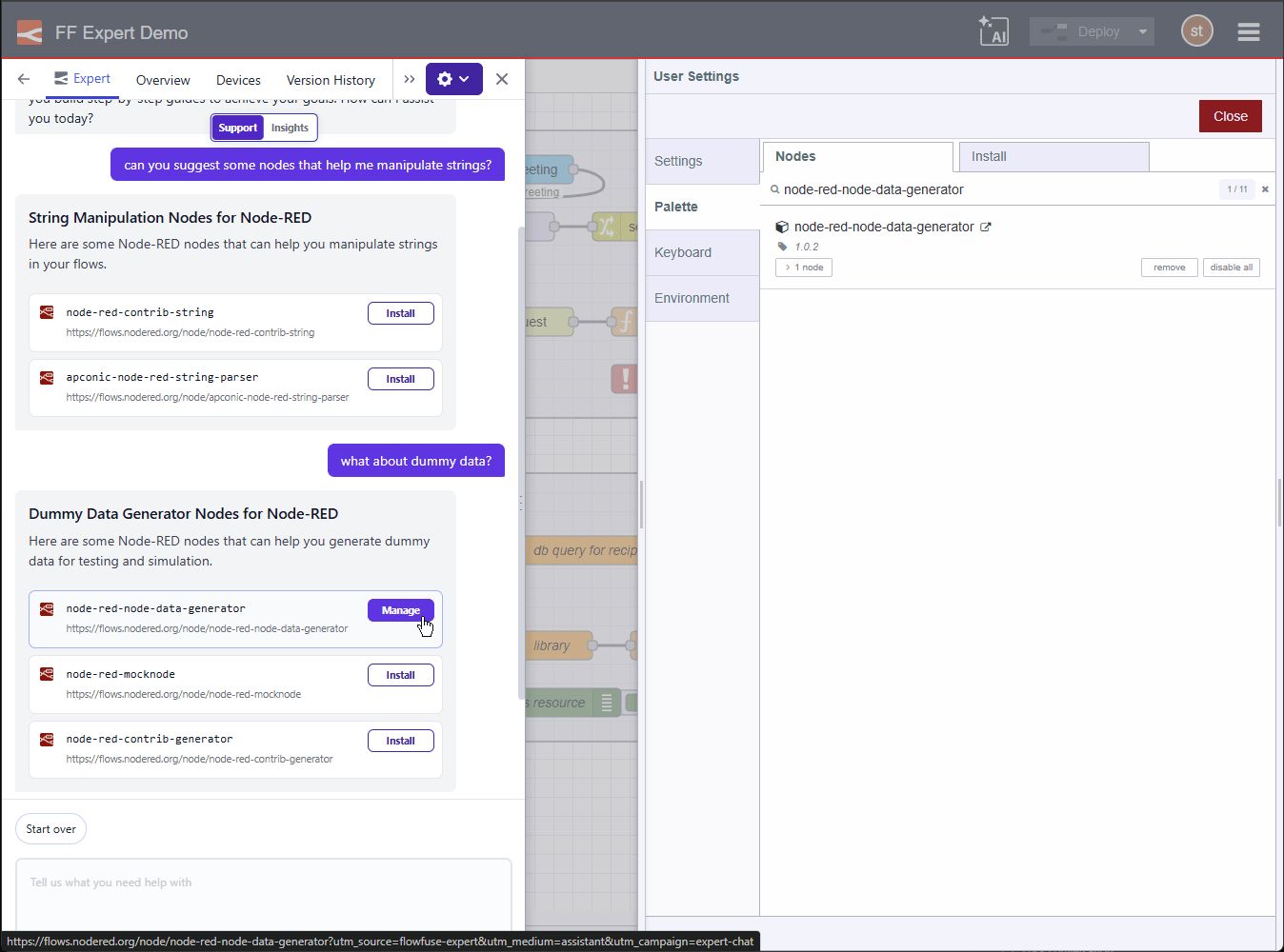 FlowFuse Expert integration with the Palette Manager