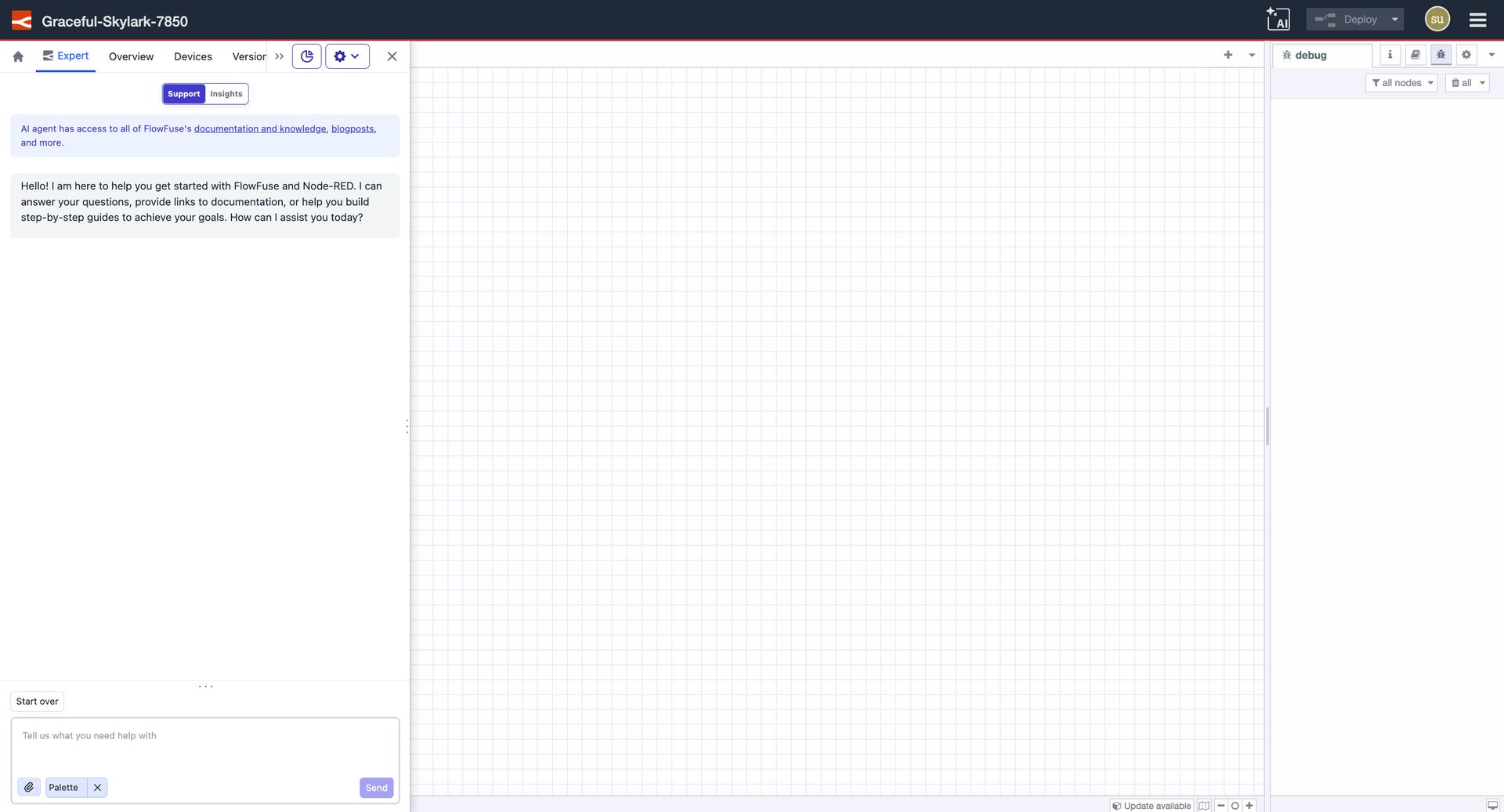 FlowFuse Expert open by default in the immersive editor.