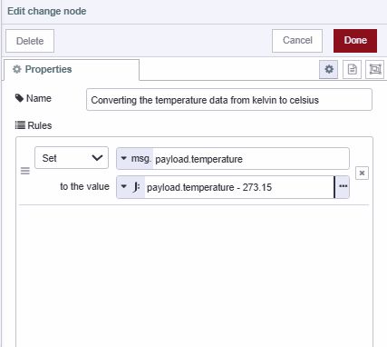 "Screenshot of the change node converting temperature kelvin data from celsius"