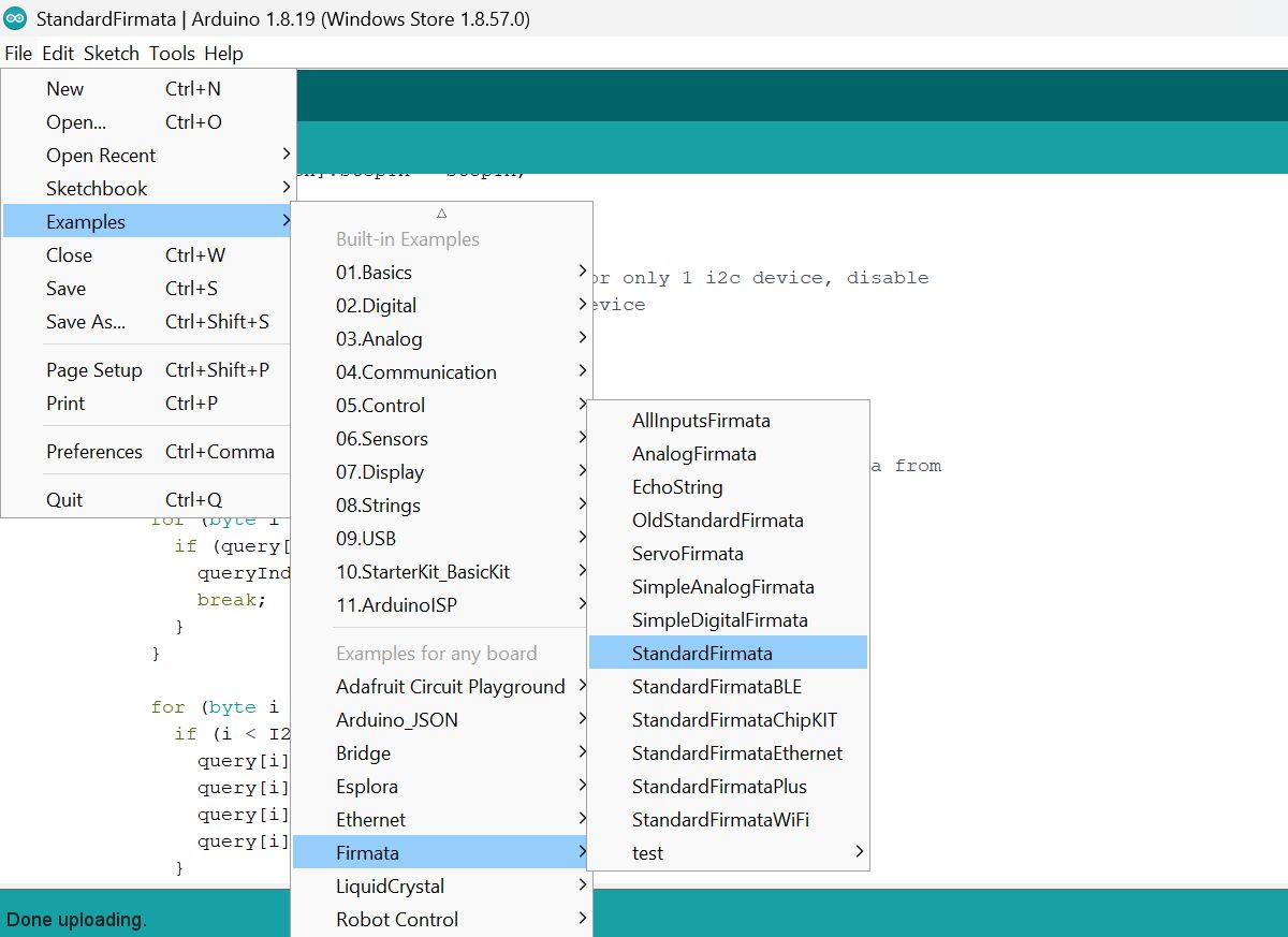 Importing Standard Firmata setup sketch from examples in Arduino IDE