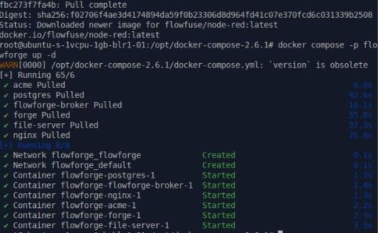 "Screenshot of the terminal showing the all containers are running successfully that are required for the flowfuse to run"