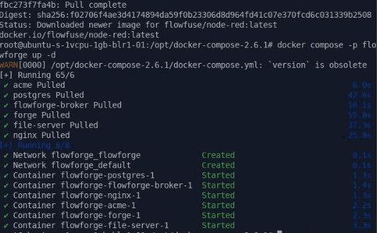 "Screenshot of the terminal showing the all containers are running successfully that are required for the flowfuse to run"