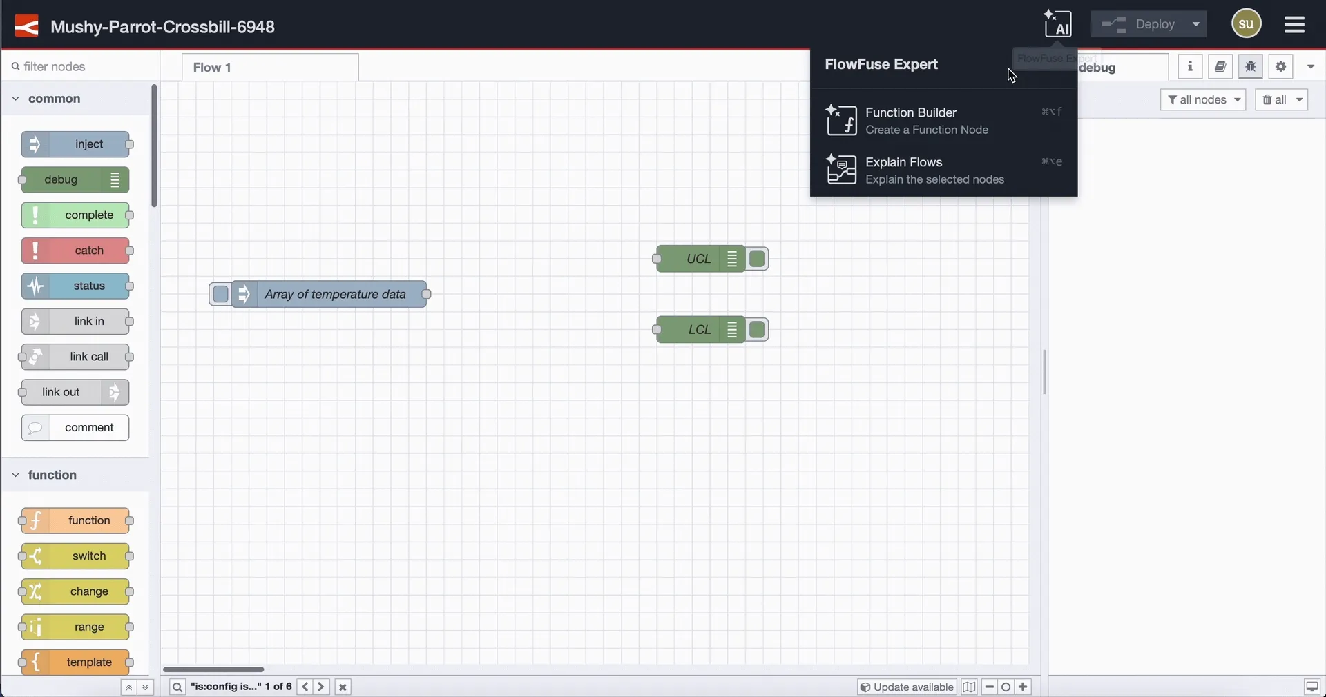 Image showing the quick function node generation with FlowFuse Expert