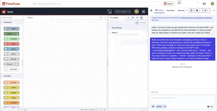 FlowFuse Expert building and configuring a flow directly on the Node-RED canvas