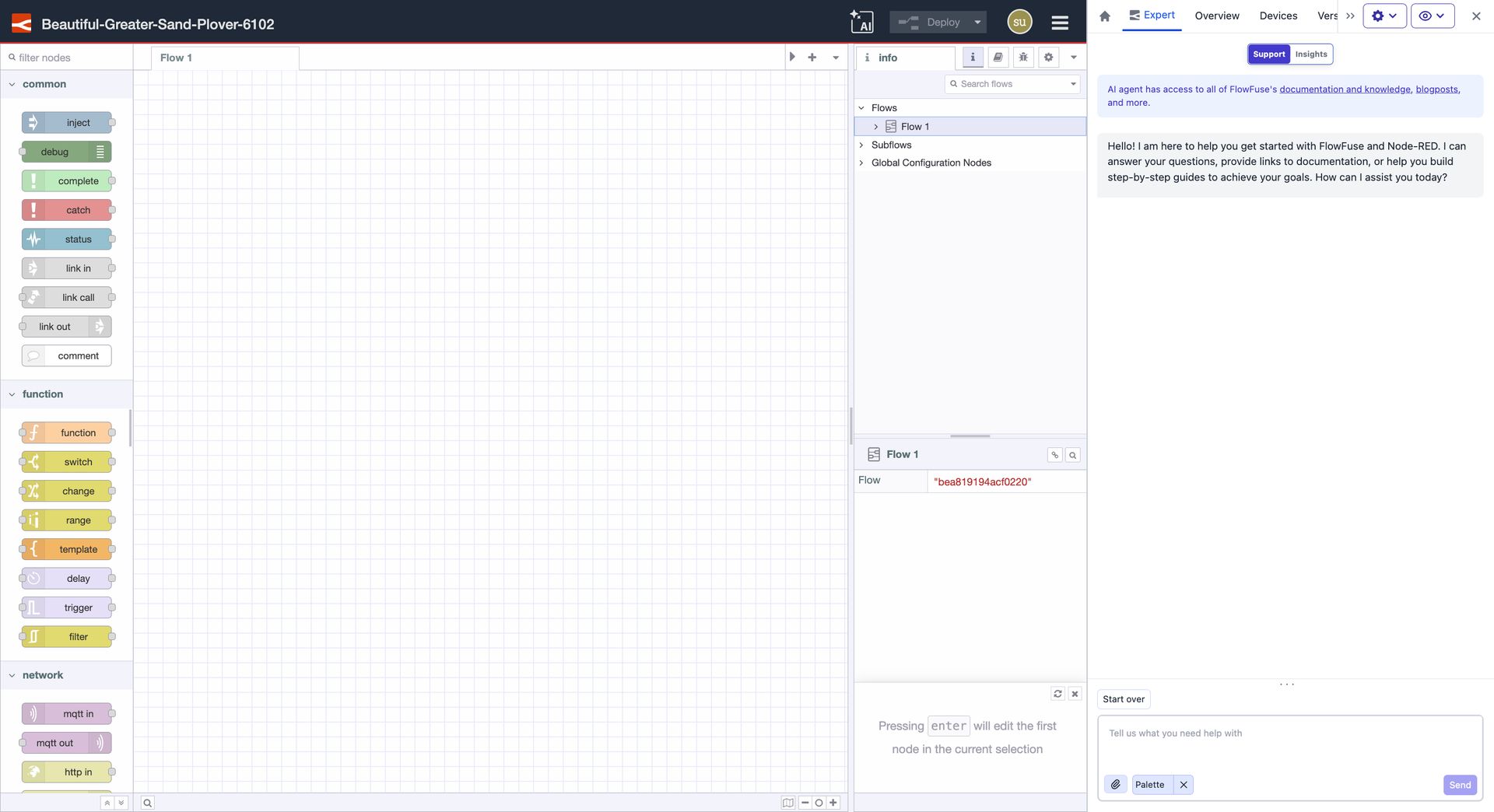 "Chat interface of FlowFuse Expert alongside the Node-RED editor"