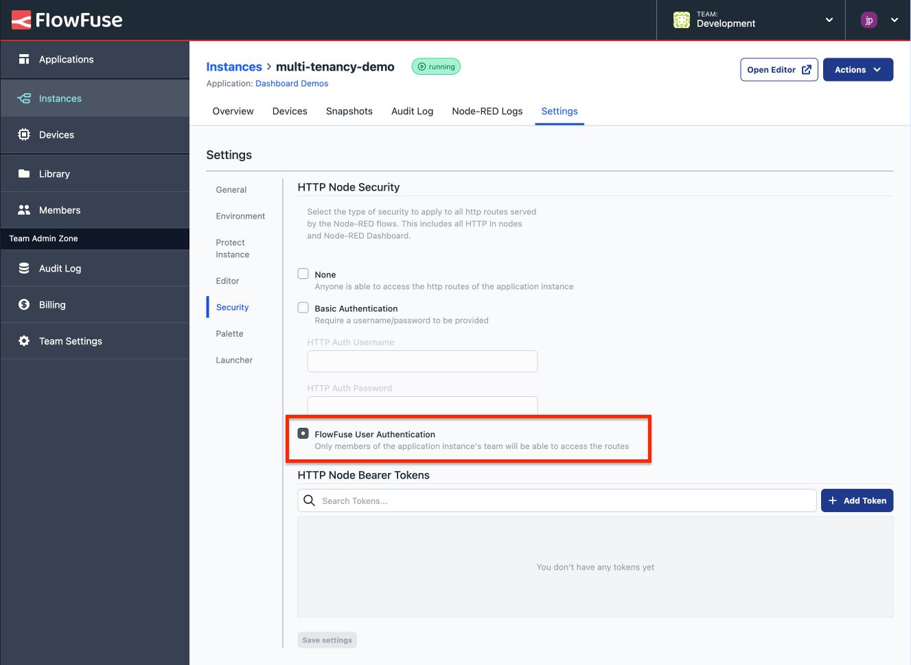 Screenshot of the Instance settings in FlowFuse to enable "FlowFuse User Authentication"