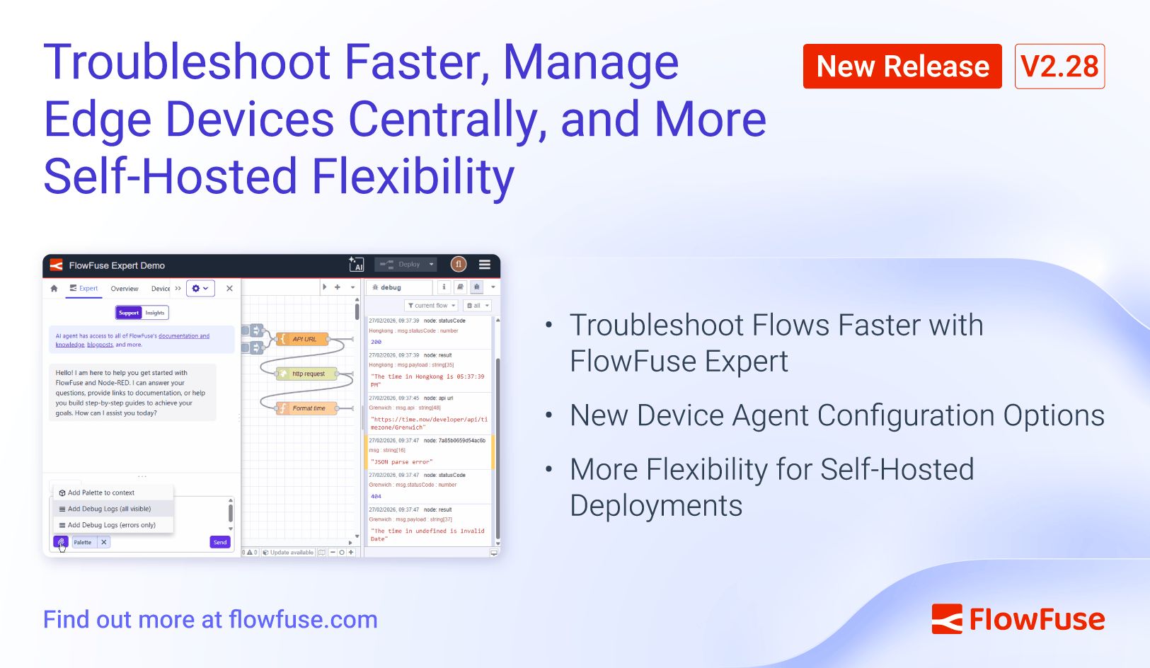 Image representing FlowFuse 2.28: Troubleshoot Faster, Manage Edge Devices Centrally, and More Self-Hosted Flexibility