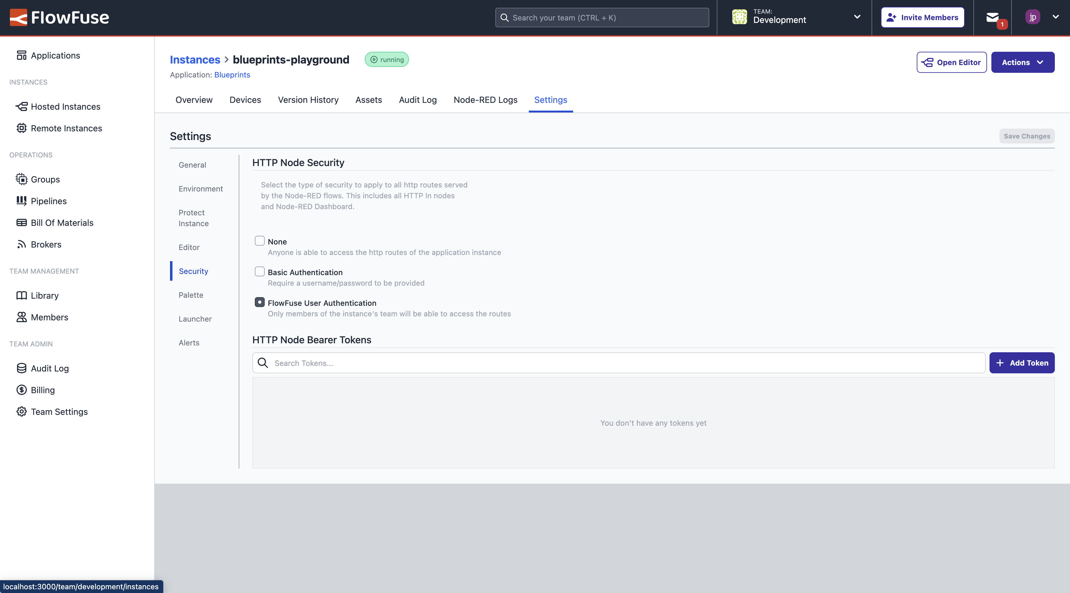 Screenshot of the Instance settings
