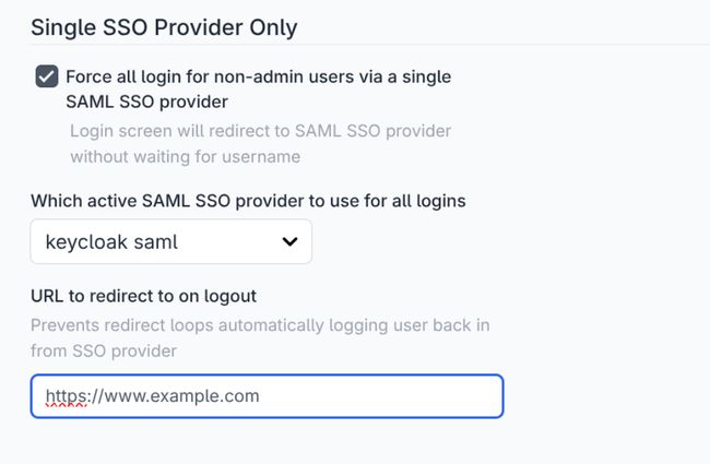 SSO settings page showing the option to force all non-admin users to log in via a single SAML SSO provider