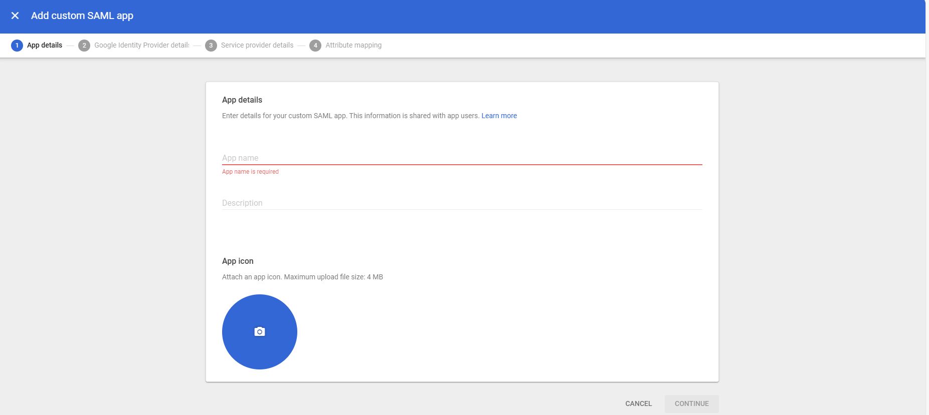 "Screenshot showing the form asking for app information for we are going to create the SAML app configuration in the Google workspace admin console"