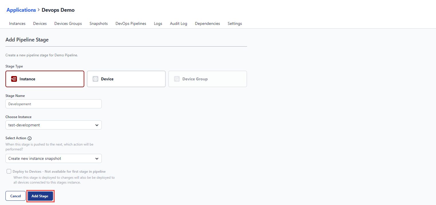 Screenshot showing the stage configuration form with options to select instance types and configure actions.