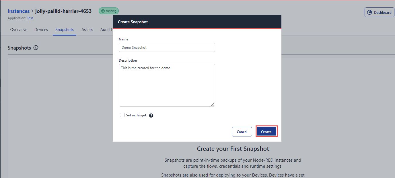 Image showing the form to provide a name and description for the snapshot.