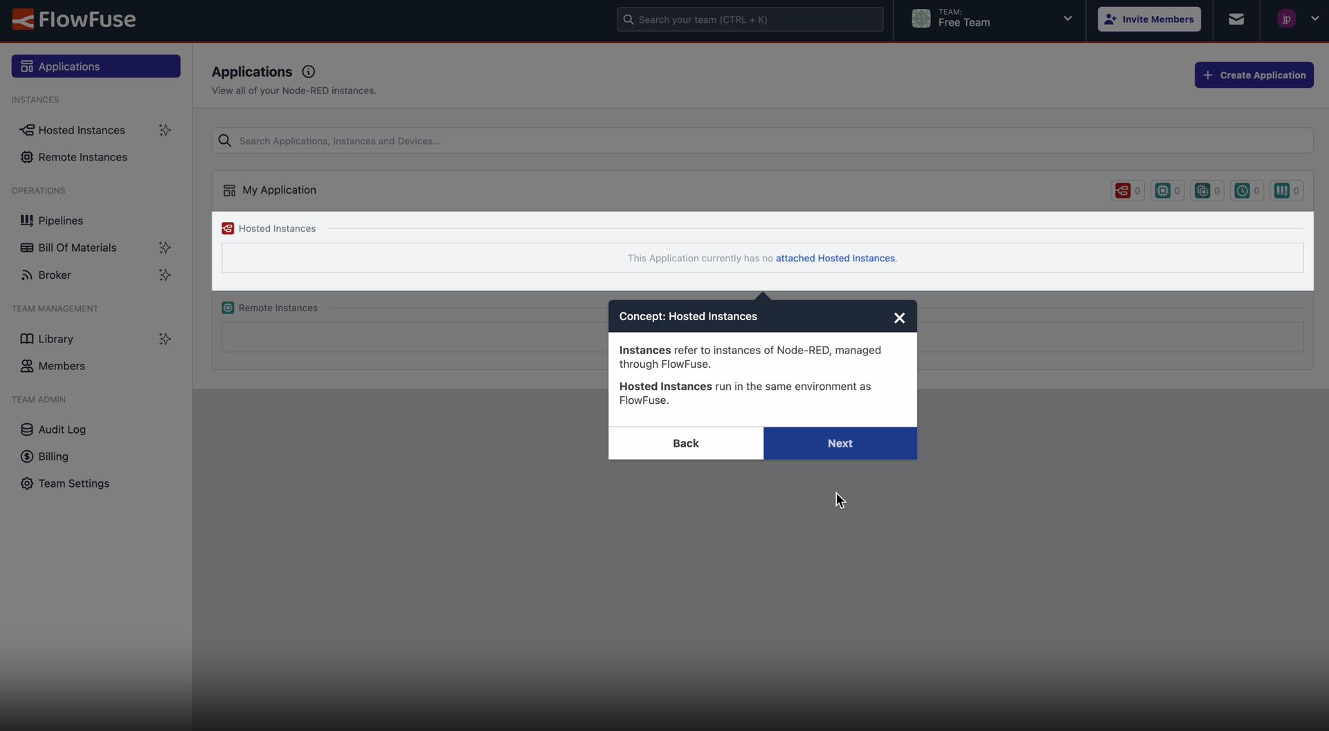 Screenshot from the new onboarding tour for "Free" tier FlowFuse Cloud users