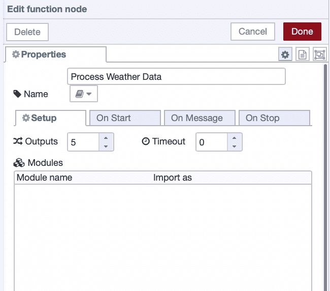 Function node configured with 5 outputs to split weather data