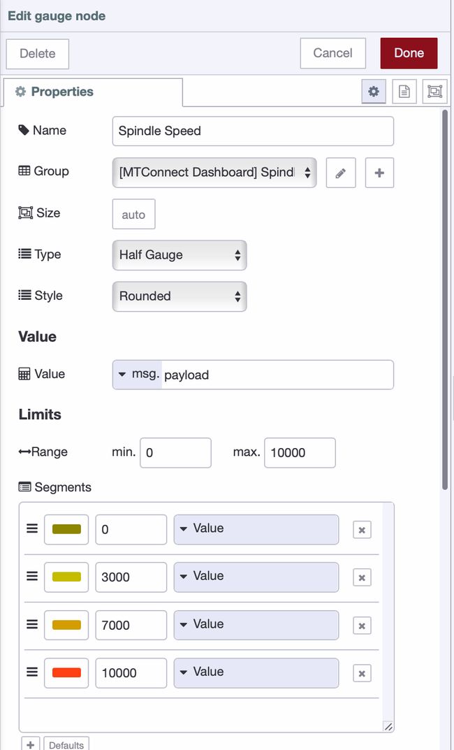 Gauge widget configuration settings