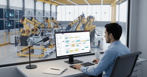 Engineer monitoring a factory floor while working with the Node-RED interface inside FlowFuse on a desktop screen.