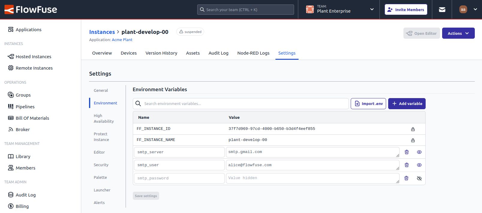 Screenshot of the new hidden environment variables feature - Hosted Instances