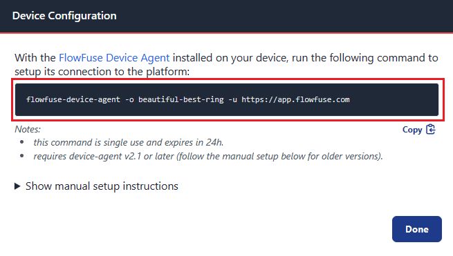 Image showing command device configuration dialog and the command placeholder, where you will find the command to link the device to your FlowFuse team.