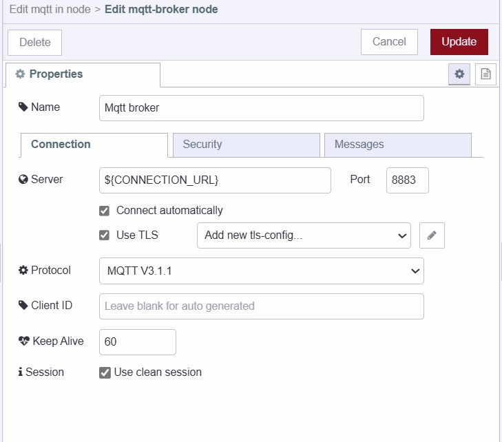 "Screenshot of mqtt broker config node's connection tab"