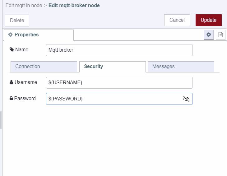 "Screenshot of mqtt broker config node's security tab"
