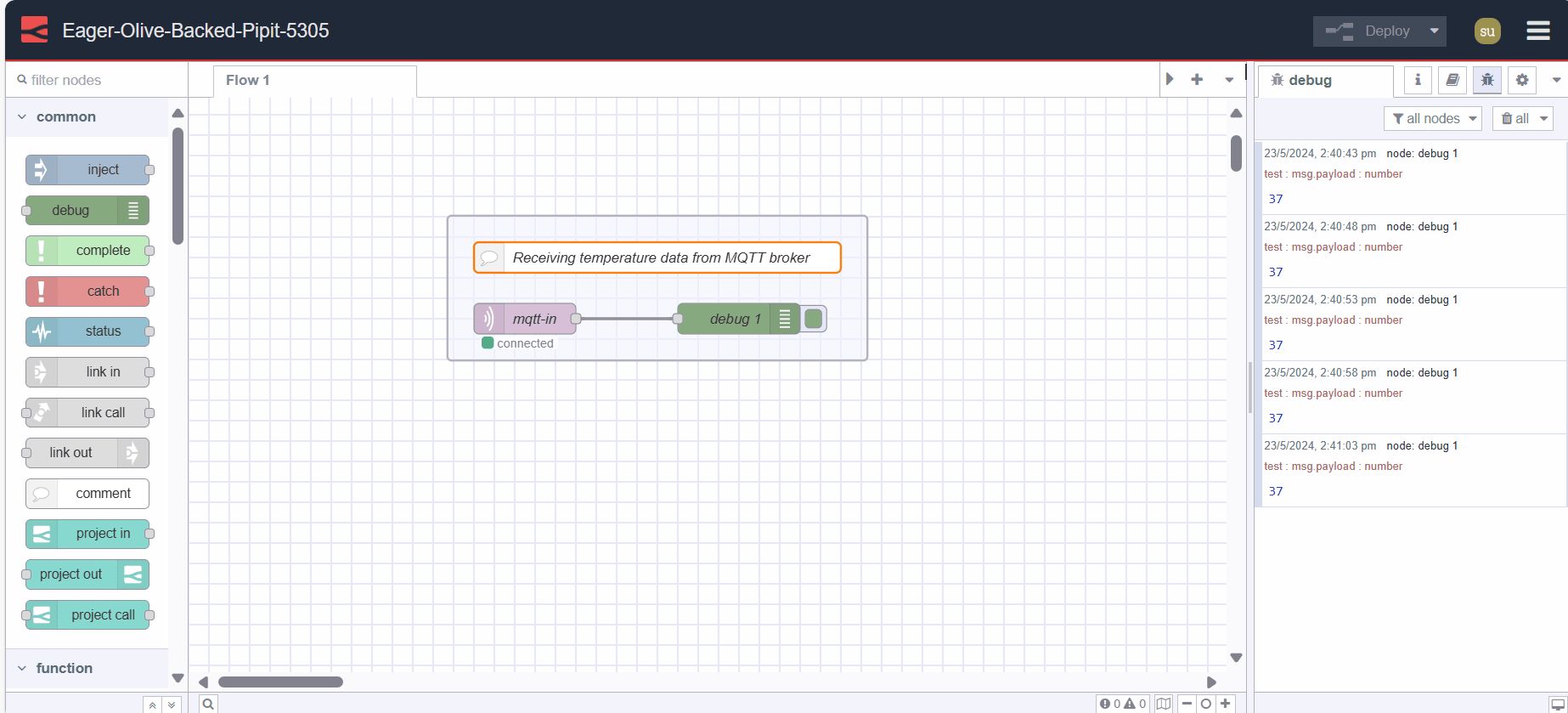 "Screenshot of sencod Node-RED instance editor in which temperature data is receving from mqtt broker"