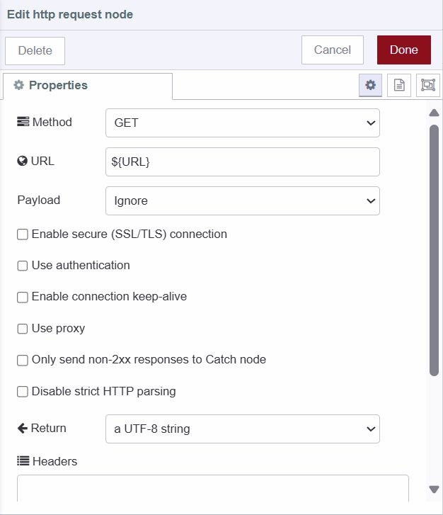 The URL field of an HTTP request node in Node-RED with an environment variable added.