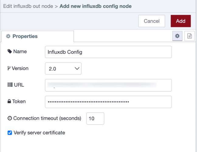 InfluxDB server configuration in Node-RED showing version, URL, and API token fields.