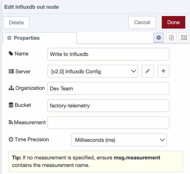 InfluxDB out node configured in Node-RED with organization, bucket, and measurement fields.