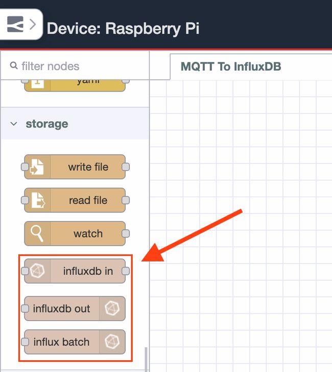 Node-RED editor palette displaying the InfluxDB nodes added via the node-red-contrib-influxdb package.