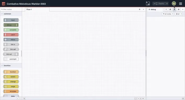 Animation of the Node-RED palette manager: open Manage Palette, search for the node, then click Install.