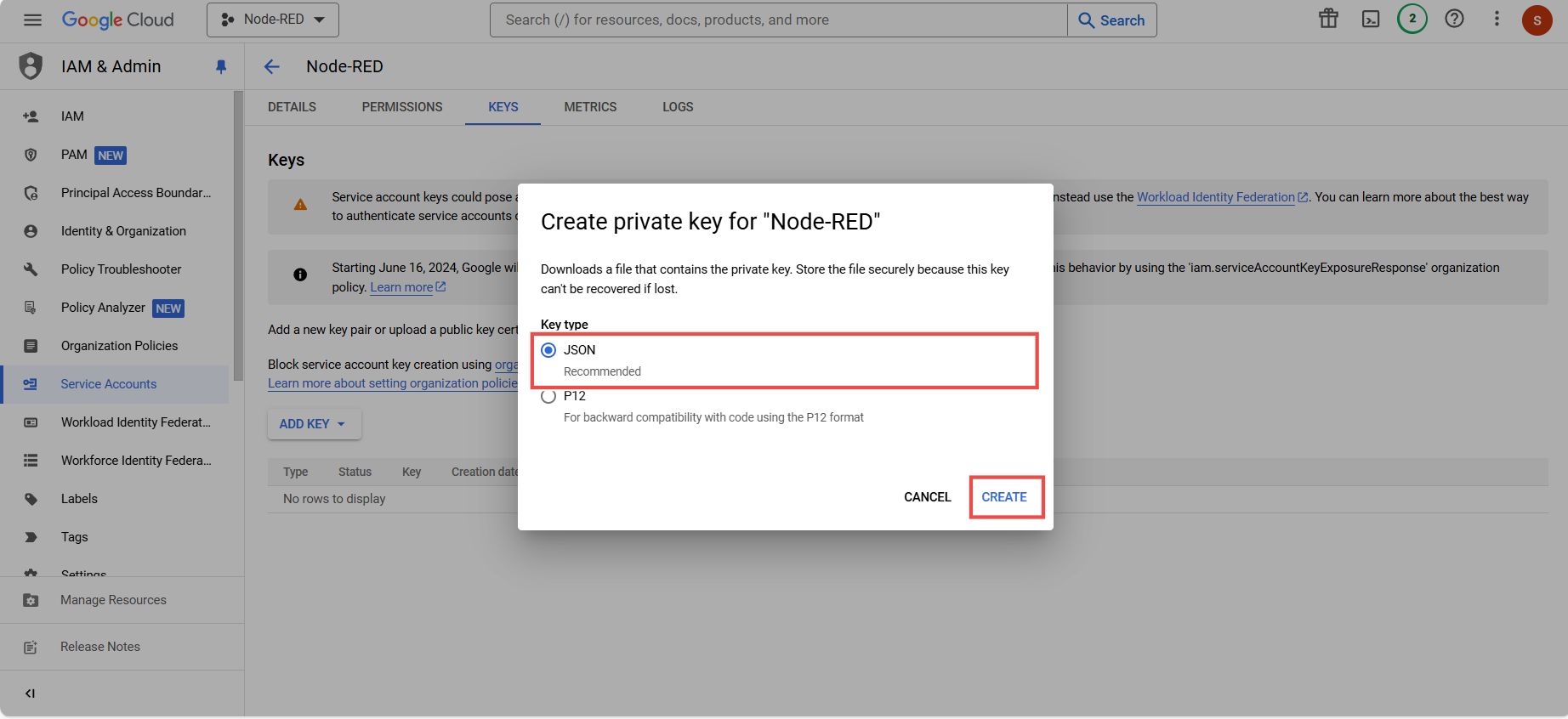 "Screenshot showing the 'JSON' option and 'Create new key' button"