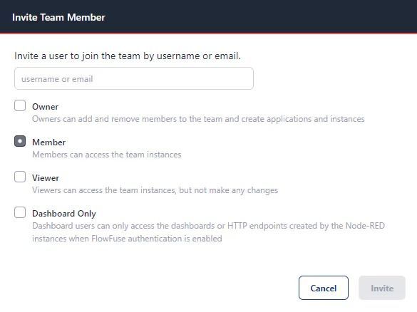 Invite new members to your FlowFuse team by assigning roles and permissions.