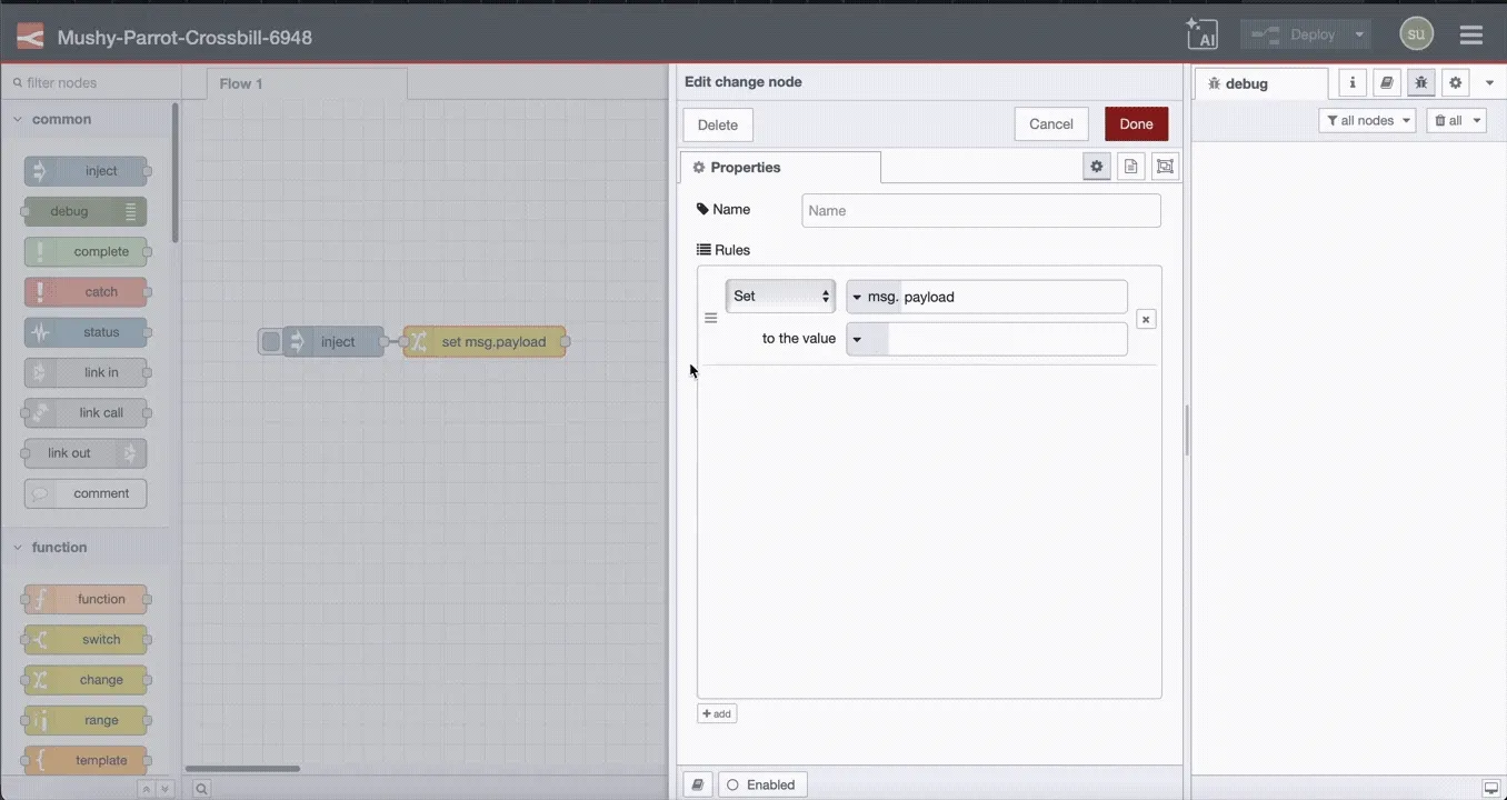 FlowFuse Expert generating test JSON data with multiple machine records including production counts and efficiency metrics