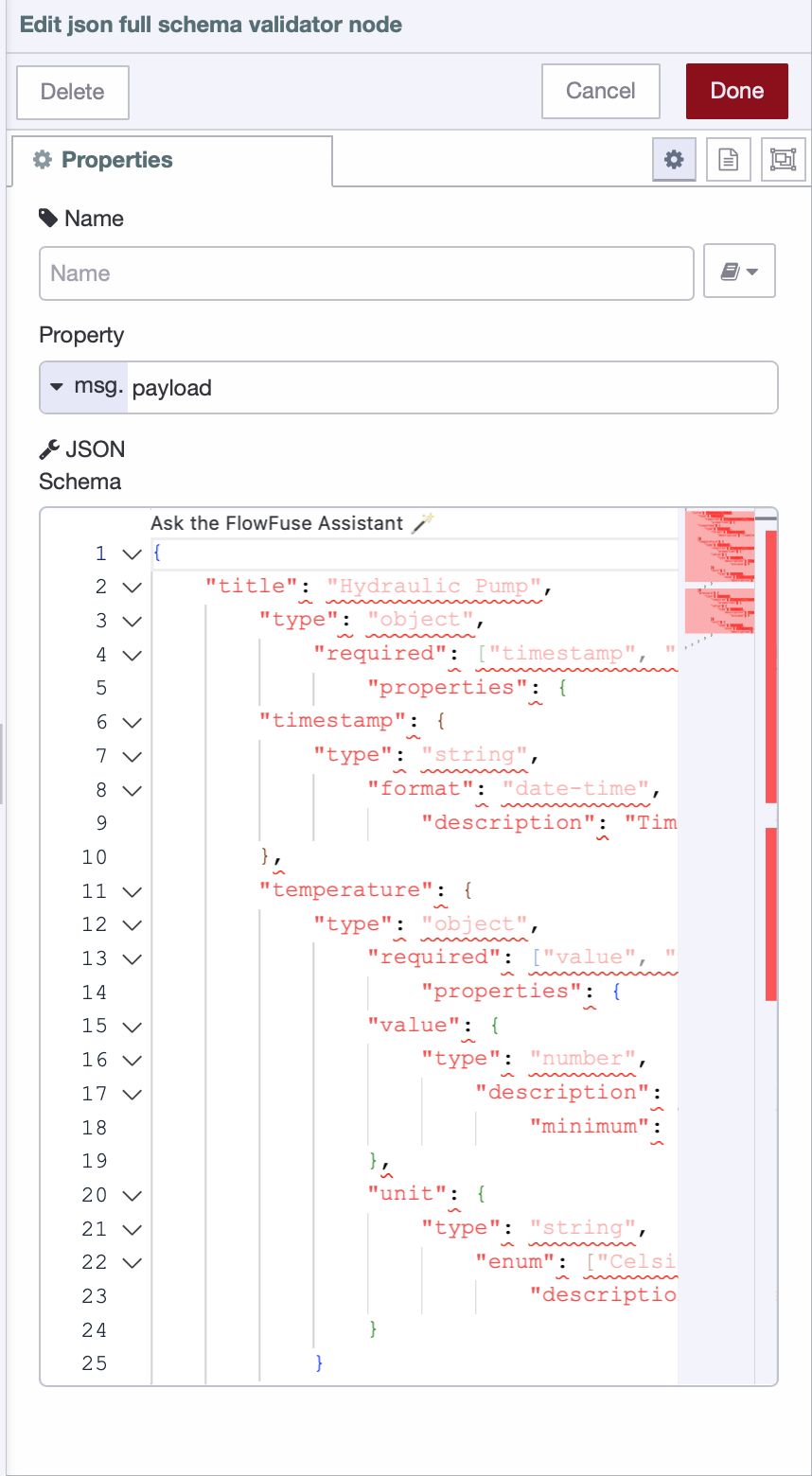 Configuring "JSON Full Schema Validator" node with JSON schema for our data 