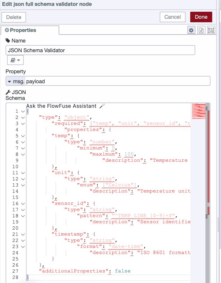 JSON Schema Validator node configured with schema rules